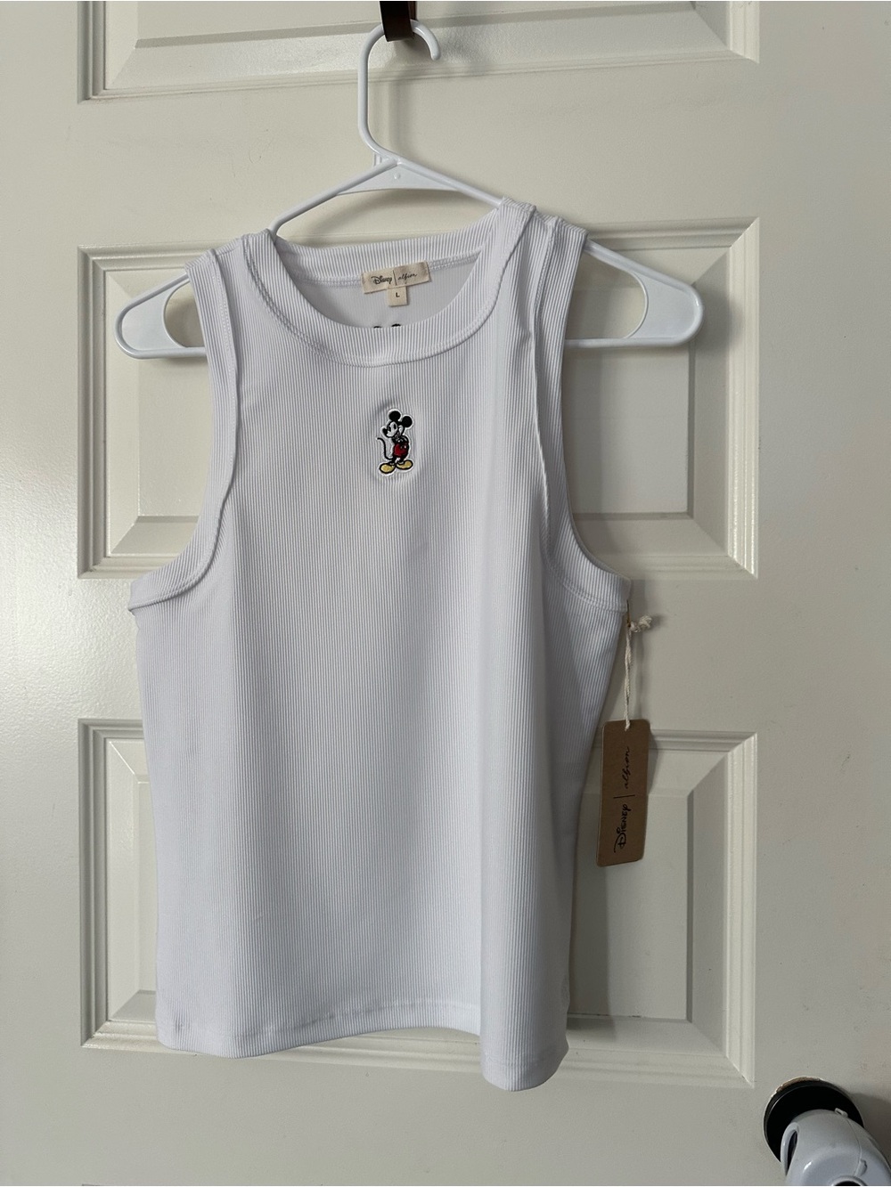 Albion Fit Women’s White Ribbed Tank Top with Small Mickey Patch NWT Size L